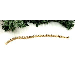Gold-Tone Tennis Bracelet With Rhinestones and Double-Layered Chain Design